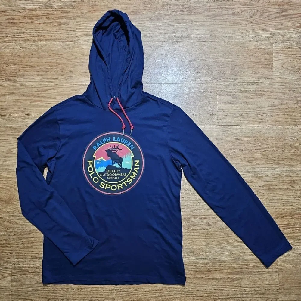 Polo Ralph Lauren Lightweight Hoodie Men's Small S Navy Moose Outdoors Logo New